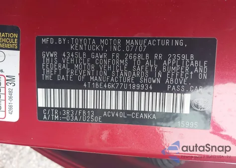 2007 Toyota Camry Le z USA, uszkodzony, nr VIN 4T1BE46K77U189934